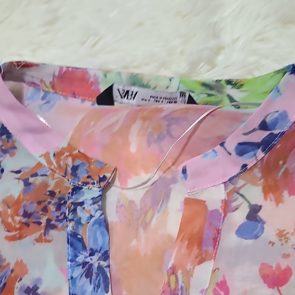 ZARA Women's Floral Chiffon Blouse - Pink and Green - Size Large - Picture 6 of 15